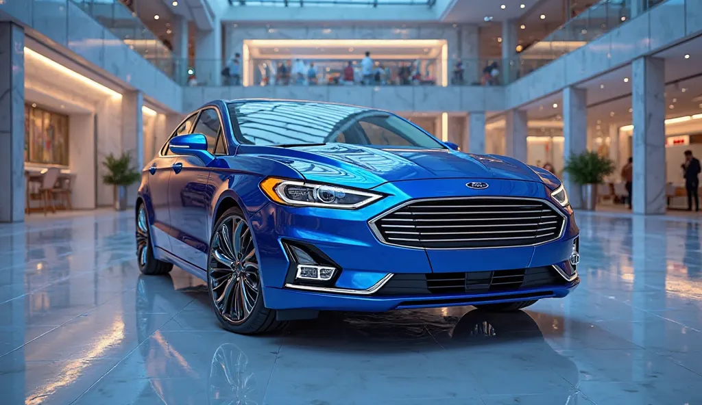 2025 ford mondeo parked in a luxurious showroom, surrounded by sleek lighting glass walls and gleaming chrome accents, with intricate 3D details and realistic reflections, as if it's a brand new car on display, with soft focus and vibrant 
Blue colors, cap...