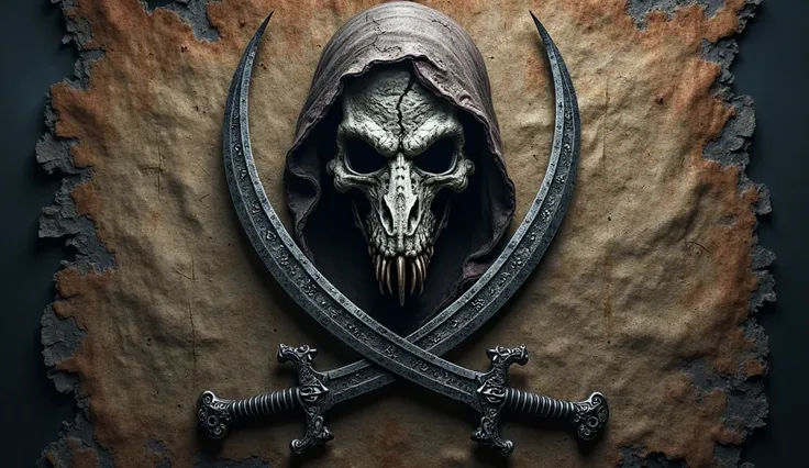 A menacing pirate flag featuring a hooded dragon skull with deep shadows obscuring parts of its face, blackened eyes peering from beneath the hood. The skull has sharp, pronounced features, withfands, with cracks and battle-worn texture. Below the skull, t...