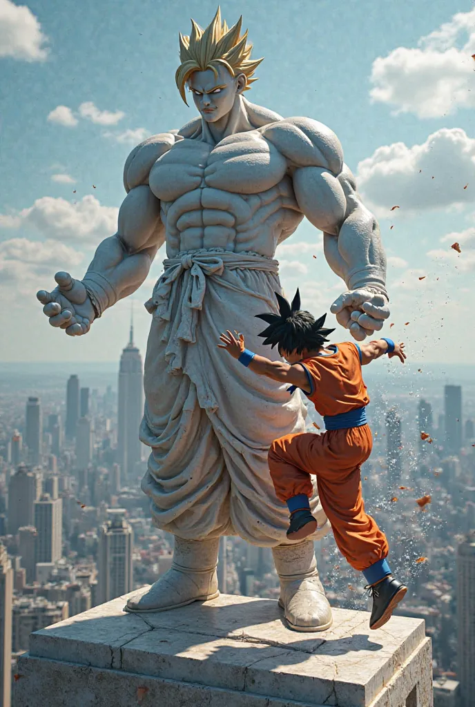 statue, fighting with goku, on top of a building 