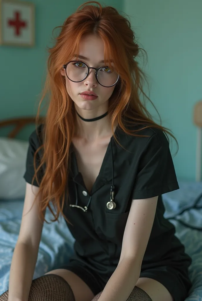 (((full body view)))((show legs)) this is a view of a very beautiful nurse with long red hair and clear reading glasses . she has a very pretty face. amazing petite supermodel ((harmful look)), tousled ((auburn hair)), revealing ((dark nurse outfit)), glow...