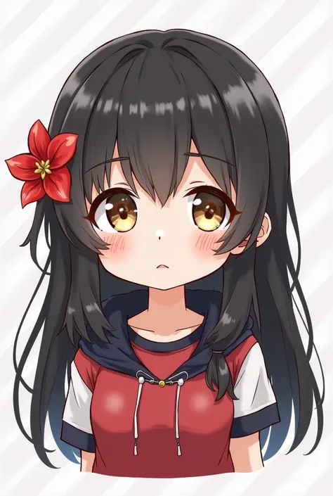 Masterpiece, Anime Style, Chibi, illustrated logo ,medium-short plane,Emote for a girl's Twich,long hair with bangs, black color, red t-shirt,With black hood,white shirt with black collar border, LIGHT BROWN EYES ,and a red flower on the head left side. 