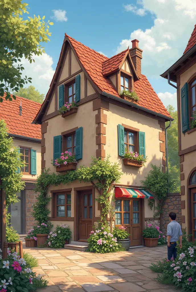 Create an illustration of a European-style country house, is average, doesn't seem luxurious, more comfortable and cozy. There are other houses and local businesses in the surrounding area. 