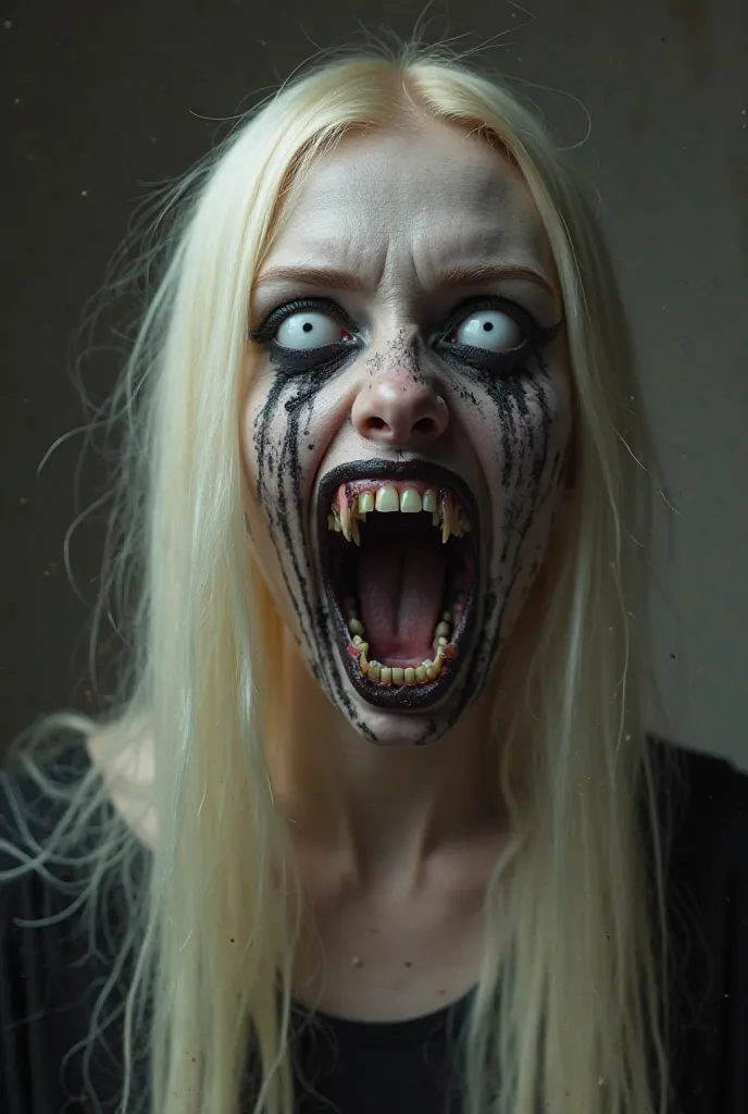 A beautiful young woman with long blonde hair very light. Her eyes are entirely white. Black makeup. Tarry black tears run out of her eyes. She screams. Her jaw is broken. Its mouth is immeasurably open and filled with several rows of long, sharp fangs. It...