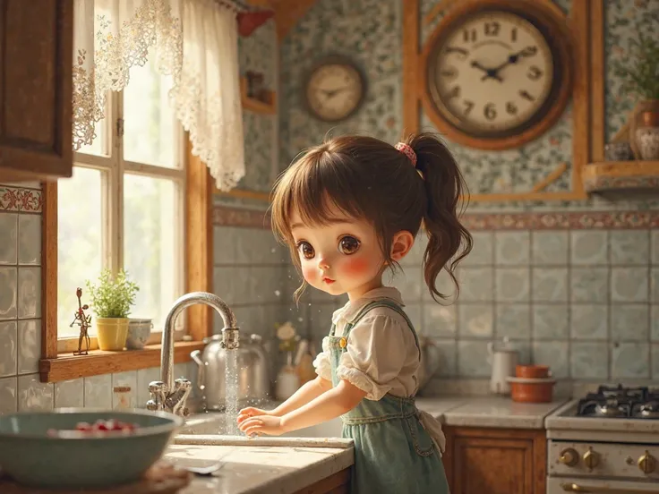 a litle girl washing the dishes in the kitchen. there is a clock on the wall. It is 12:30