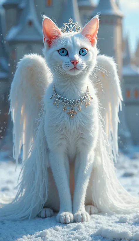 A little beautiful cute white angel cat in (frozen dress,crown in head,blue eyes) (stand) in the front of castle like a human