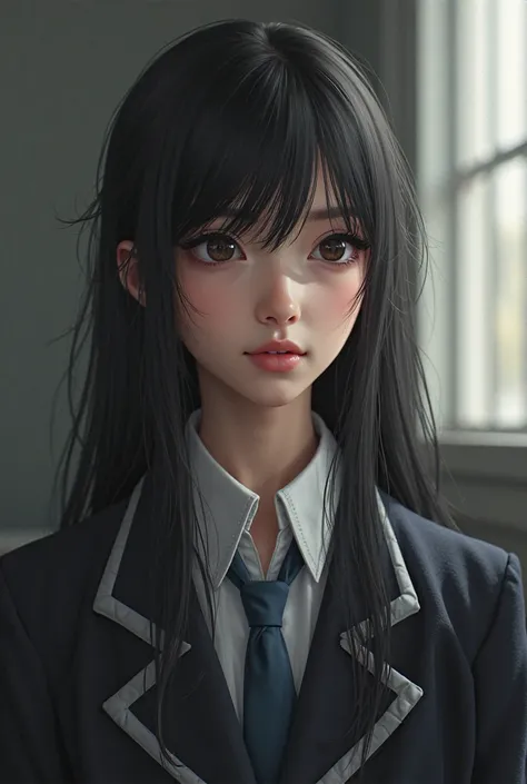 A black haired  female in her uniform looking a bit messy