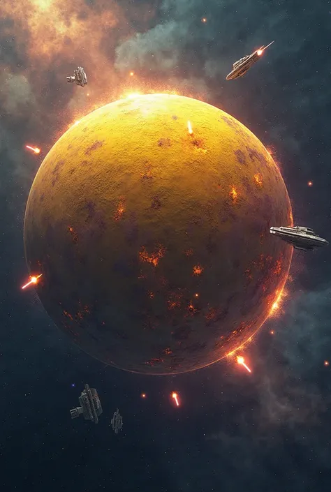 Creates a planet with yellow colors. Abundant red only on planet, the planet floating in dark blue and purple space, several ships around the planet attacking, several small fires on planet