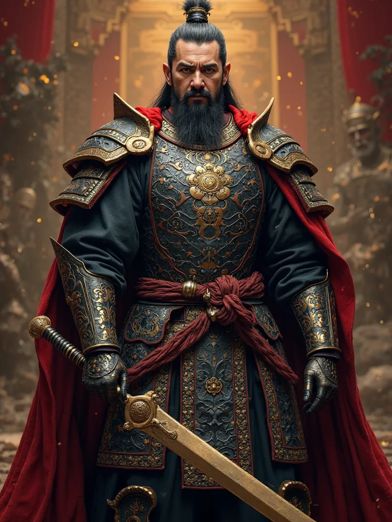 ไพ่ทาโรห์ The Emperor,Main Protagonist,Dark Armor Color,Proud Gesture,Solemn Intense Face Color,Powerful ,Weapon in hand,Palace Background,Ancient Monolithic,ท้องฟ้าGold colorอร่าม,masterpiece,ultra-detailed,Photorealistic,HDR,UHD,studio lighting,physicall...