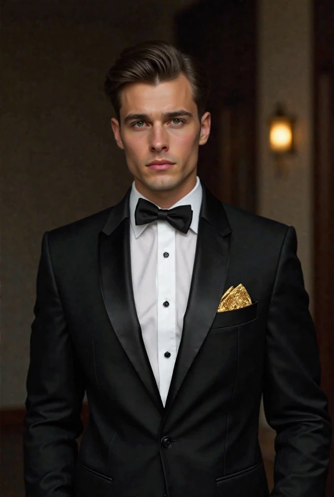 A 22 years old man wearing a black tuxedo with a white button down shirt underneath, two buttons were open. And a gold fabric of handkerchief in his chest.