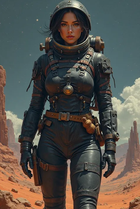 female curcy astronaut Ellen Ripley in Frazetta style black german imperial 1890s space suit, background martian landscape