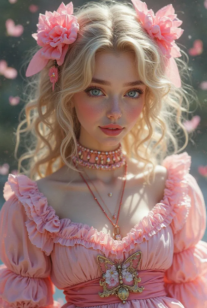 Fake a white woman with curly blond hair she's wearing mariachiquinha and pink bows and a pink butterfly dress and she's going to have blue eyes