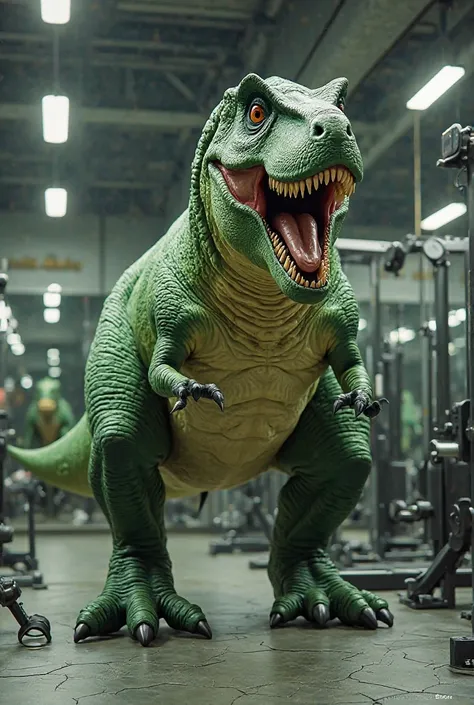 green T-rex is in the GYM 