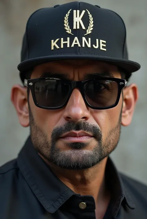  Pakistani man looking slightly to the left, are only visible his torso, he wears extravagant black sunglasses, they have a rectangular appearance. He has a cap facing forward showing the brand logo "KHAN JE", make sure that the letters are written complet...