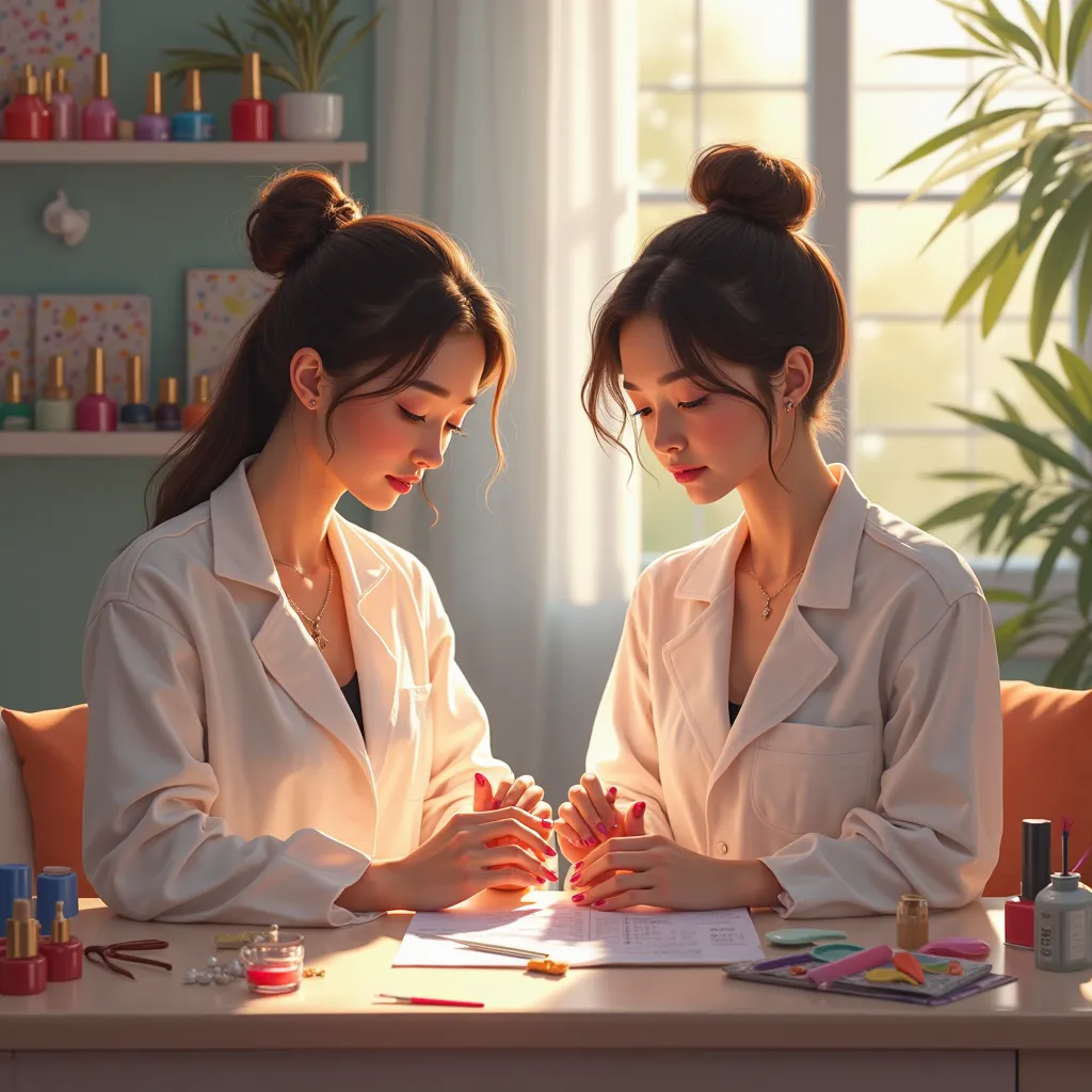 Manicurist instructor girl inside her nail studio. 