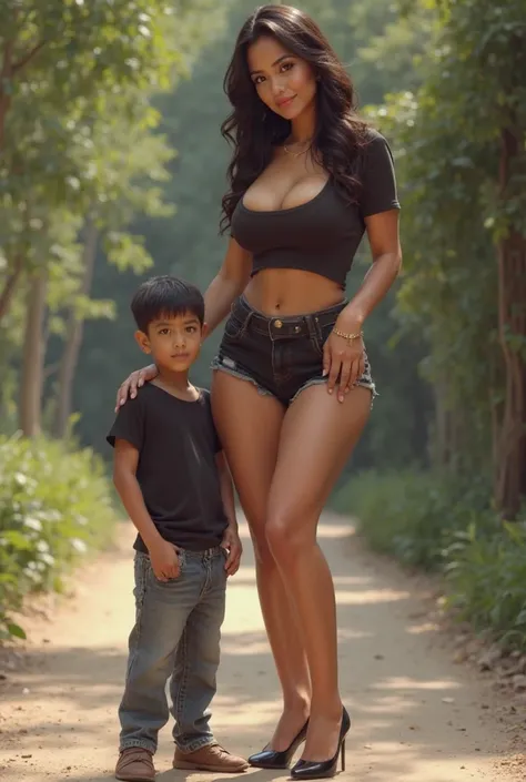 Cambodia,Sexy woman in short ,t-shirt, heel , large breast, skin smooth,she's  at with her son wear pants