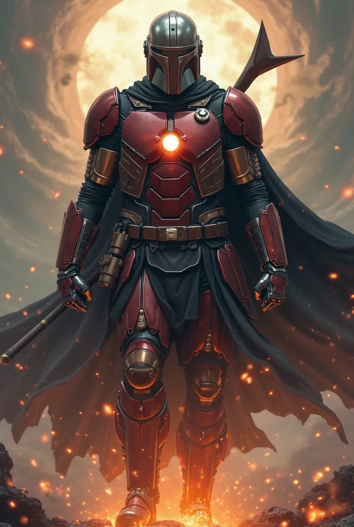 Sun wukong, Mandalorian helmet, Levitation black Cape, jingu bang staff, black-red iron man armor, monkey tail 