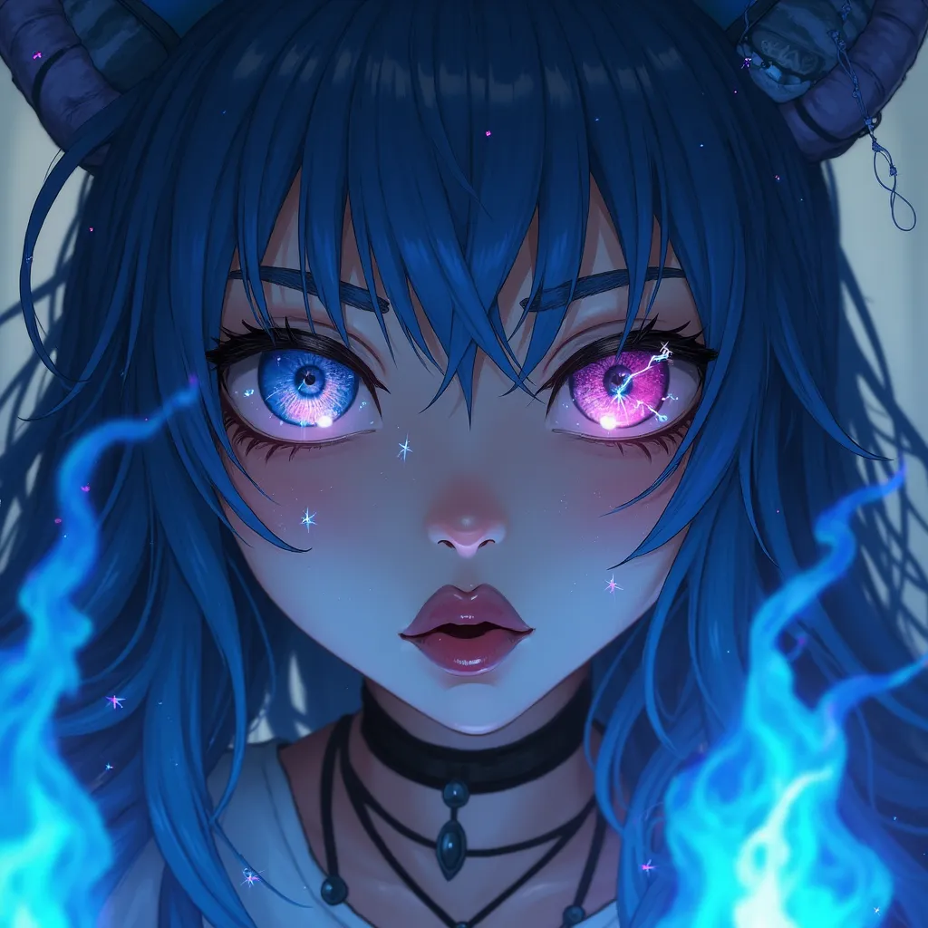 woman, face close-up, right eye blue, left eye pink, eyes reflecting stars, close-up of eyes, dark lips, tattoo, big lips, choker, serious expression, long blue hair, blue cat ears, long black nails, leans forward, serious, bright moon, flying blue flames,...