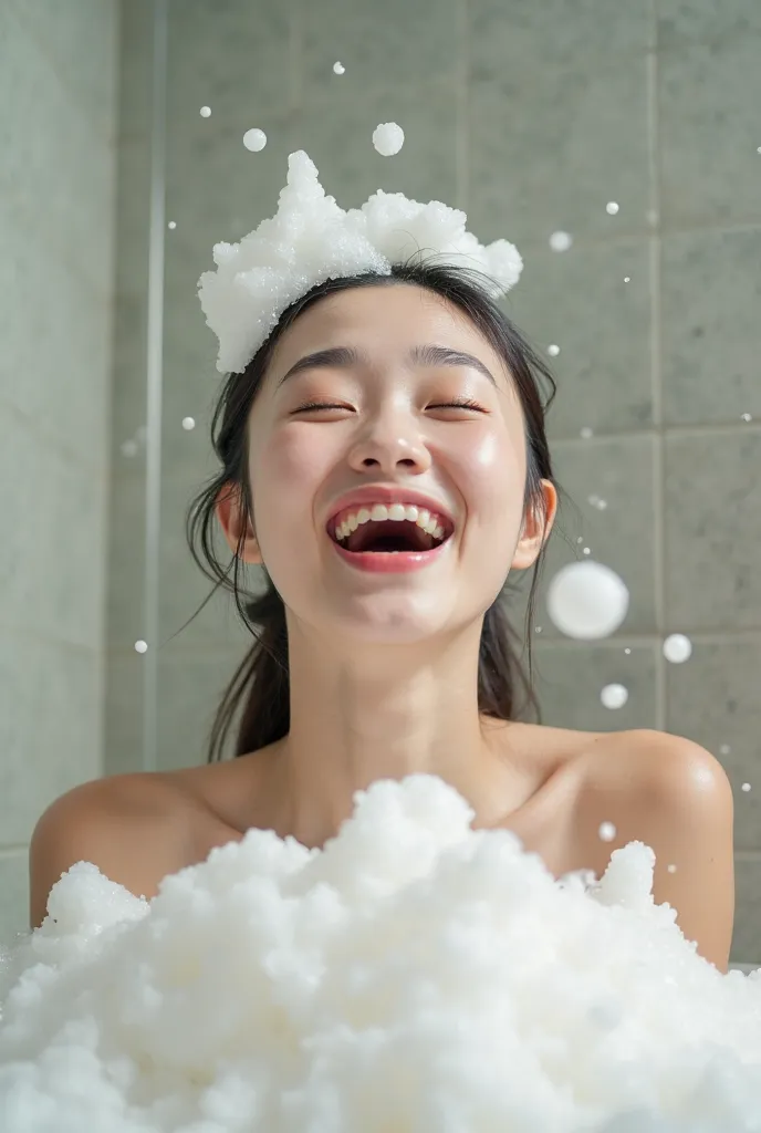 . The young Korean woman starts cleaning her face with cleanser foam, applies a large amount to her hands and is surprised by how thick it is. She opens her eyes in surprise and raises her eyebrows as if she discovered a treasure. She starts to spread the ...