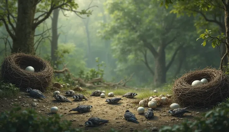 An open place where many birds are lying dead, and there are some big nests nearby and eggs are lying in them,  And views natural and green normal blur 