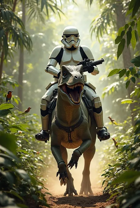 Criação de um prompt para gerar uma nova imagem com a Star Wars soldier montado em um dinossauro:

Prompt:
"In a dense, tropical jungle, a Star Wars soldier, dressed in white and black stormtrooper armor, rides a velociraptor-like dinosaur.  The dinosaur h...