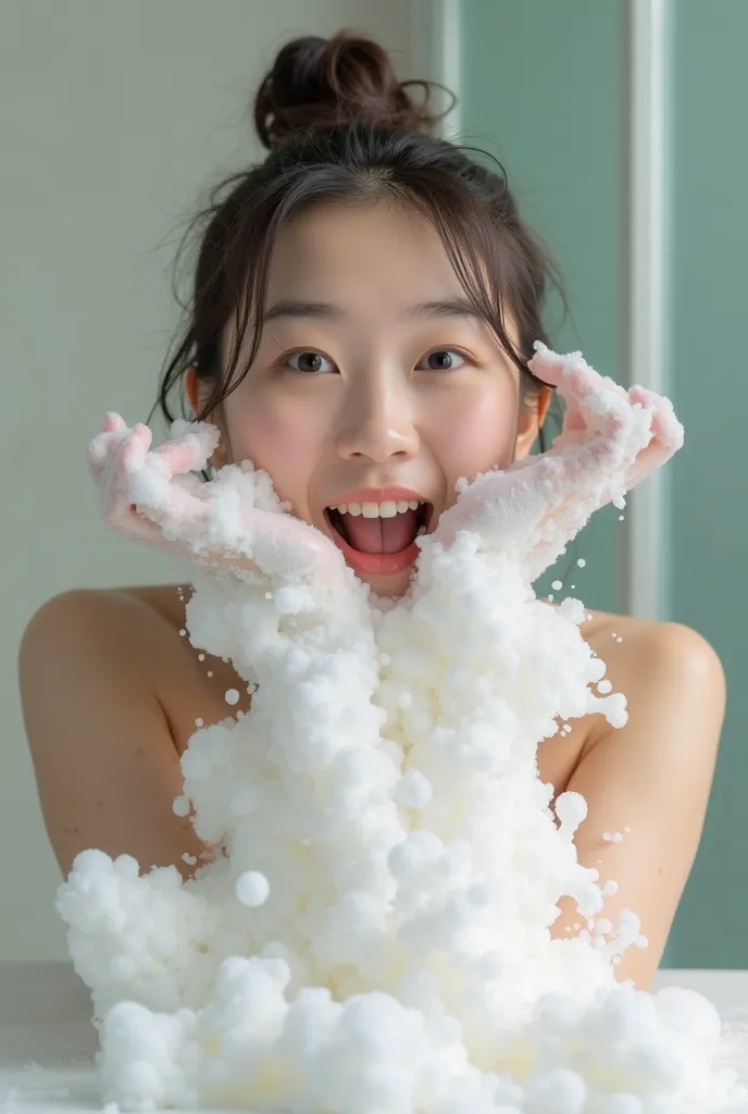 . The young Korean woman starts cleaning her face with cleanser foam, applies a large amount to her hands and is surprised by how thick it is. She opens her eyes in surprise and raises her eyebrows as if she discovered a treasure. She starts to spread the ...