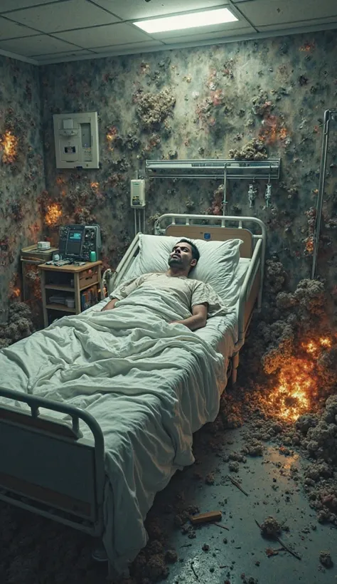 Three-dimensional collage of a soldier, very sick, lying in a hospital in a nightmare, surrounded by three-dimensional images of wars and explosions. Conceptual image, work of art, super resolution, super quality.
