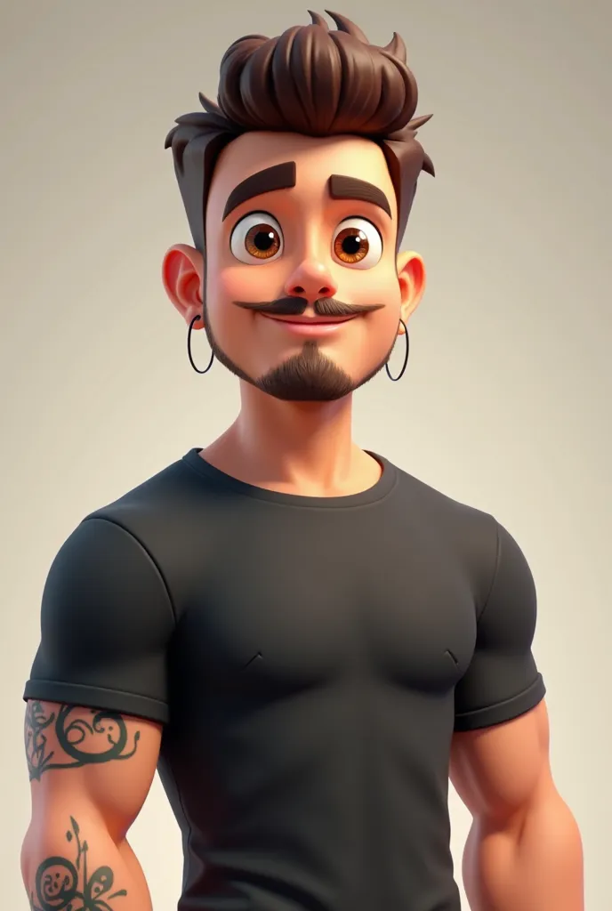 A young man of , 3d cartoon, beautiful face, with brown short hair, boxy face, and brown eyes, wearing black t-shirt, with tattoo left arm, with hoop earring, with very little moustache and beard.