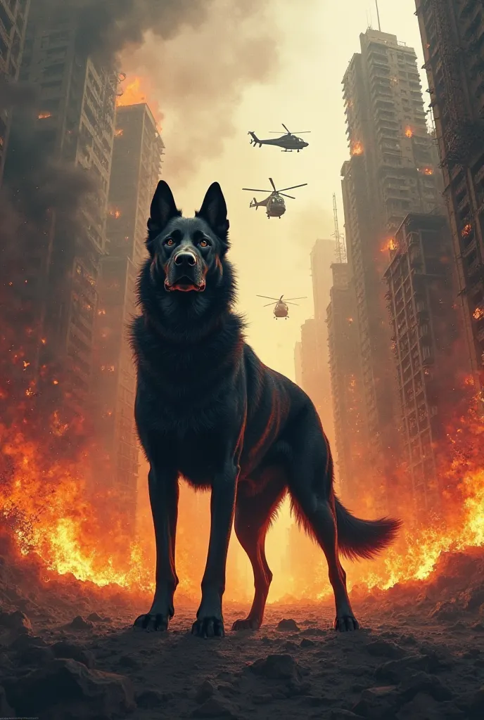 The dog must be black and the buildings are on fire. There must be helicopters.  The colors to be used are white, negro,  yellow and red