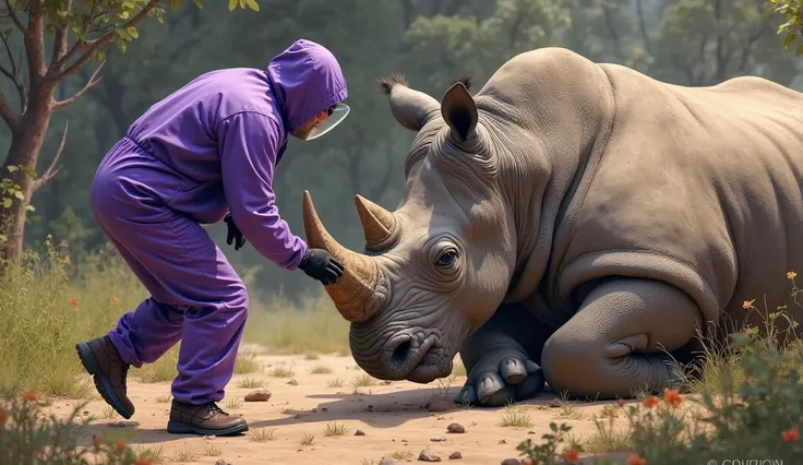 One rescuer in the purple suit carefully approaches the rhino, checking its pulse and monitoring its breathing.