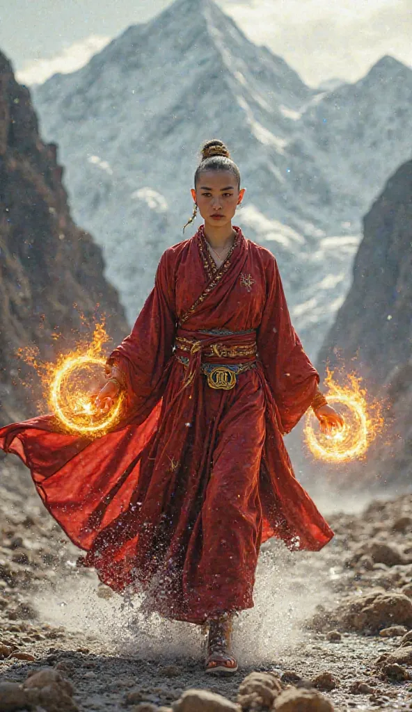 A serene yet formidable Tibetan warrior-monk, her dark crimson and gold robes flowing like liquid flame. Her shaved head glows with sacred symbols, and her jade-colored eyes radiate supernatural wisdom. She moves forward in perfect harmony, twin energy cha...