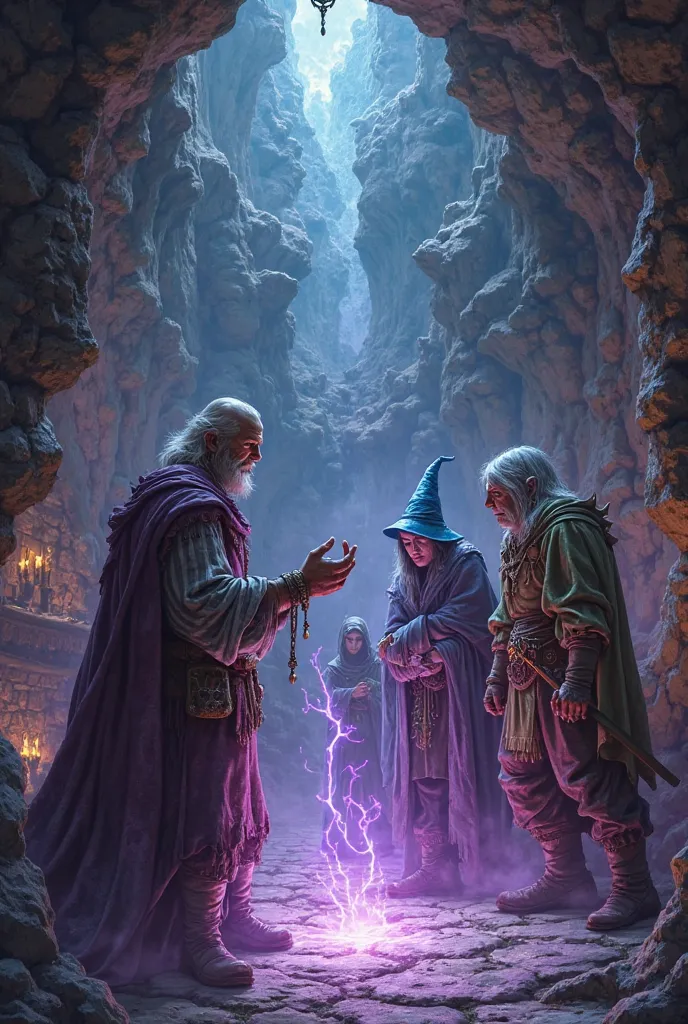 Illustration , fantasy style DnD , four heroes barbarian , elf bard ,  a gnome alchemist and a witch in a tavern . They are depicted on both sides , and in the middle of the bottom, the crack from where the bone comes out , big hands , and from below appea...