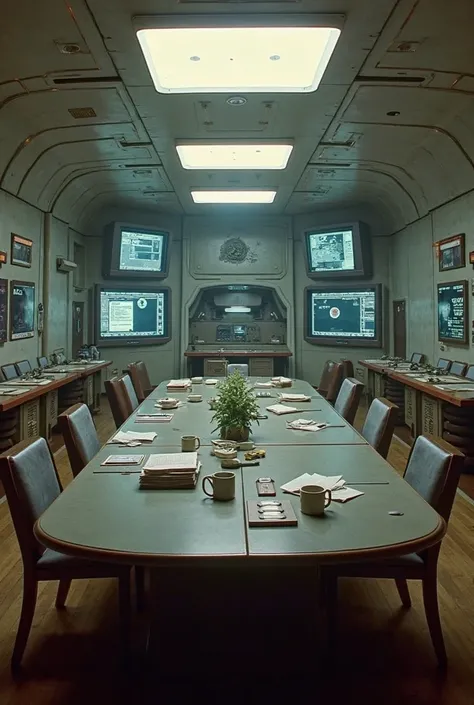 70s sci-fi spaceship interior. Crisp clean walls and interesting lines.  Dimly lit due to power failure and emergency lighting.  Screens provide critical information in varied locations around the room.  In the center of the room, a large meeting table wit...