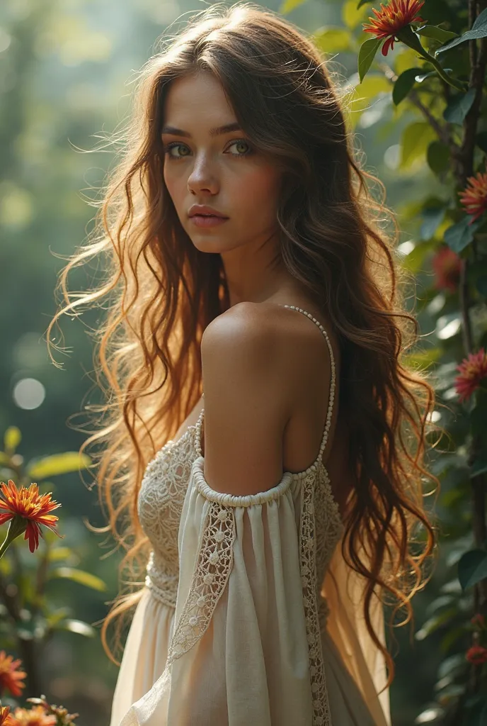  Beautiful girl with wavy long hair in a bohemian dress,  realistic ,detailed on a beautiful background