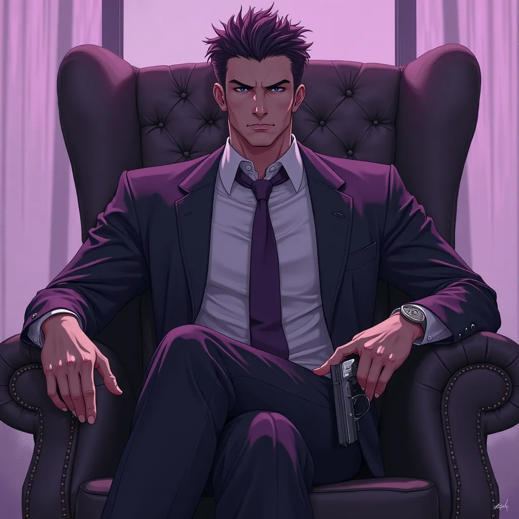 Play a Sigma anime character with the predominant colors purple, he is calm,  holding a gun in a chair, The character is a man and is looking at me