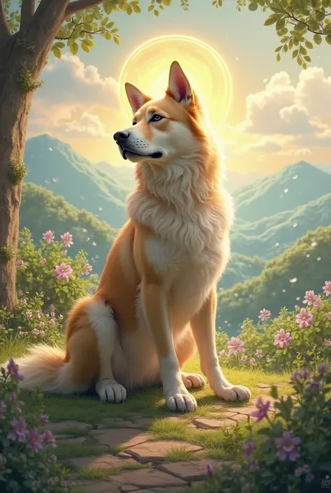 Give me a dog that is kneeling phat a walking and phat A di da radiating huyen dieu aura and stroking his head blessings of peace. Surrounding is a beautiful landscape 