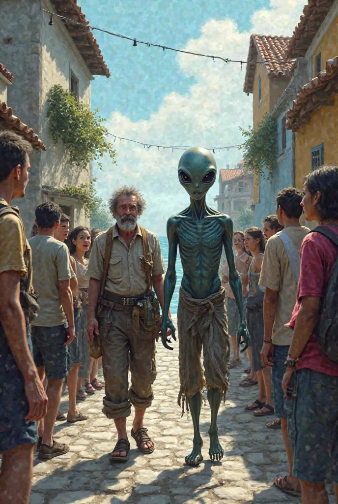 Arrival to town:

The fisherman and the alien being walk through a small coastal town, while the inhabitants observe them with expressions of amazement and fear.



