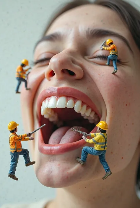 Some real but tiny constructors building or cementing on a person's teeth showing as a advertisement for treating teeth