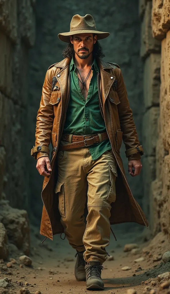 Marvel's Loki wearing a costume from the Indiana Jones movies maintaining his characteristic colors walking toward the camera.