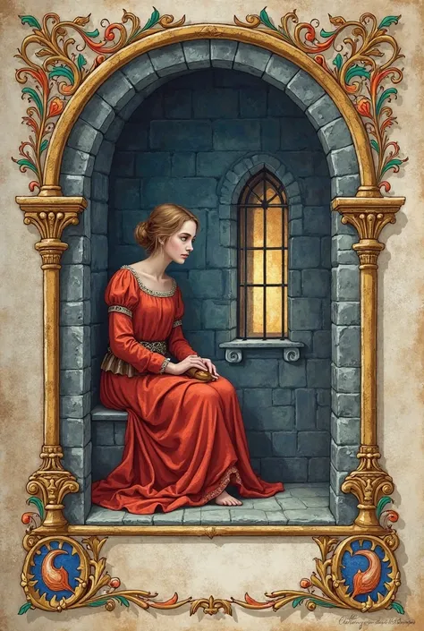 "A hand-painted medieval book illustration of a sorrowful noblewoman sitting inside a cold stone chamber, wearing a chastity belt. She gazes at a small, barred window with a melancholic expression. The scene is surrounded by a decorative illuminated manusc...