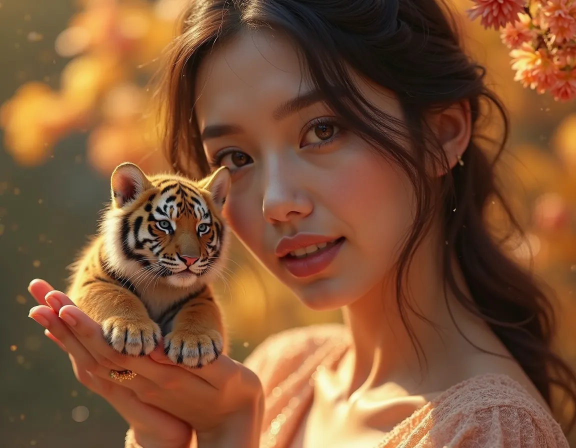 A beautiful girl holding a tiny luxurious tiger in her hand, ultra-detailed, highly realistic, 4K, HDR, studio lighting, extreme fine details, sharp focus, physically-based rendering, professional photography, vivid colors, cinematic composition, soft boke...