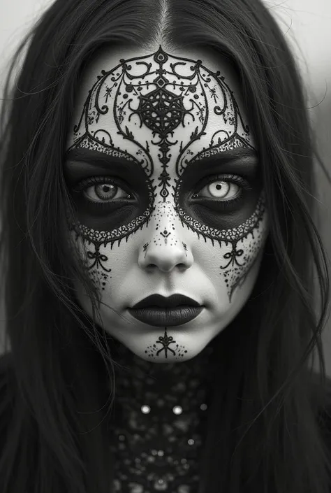 ornamental face, woman, blood, white eye, black and white