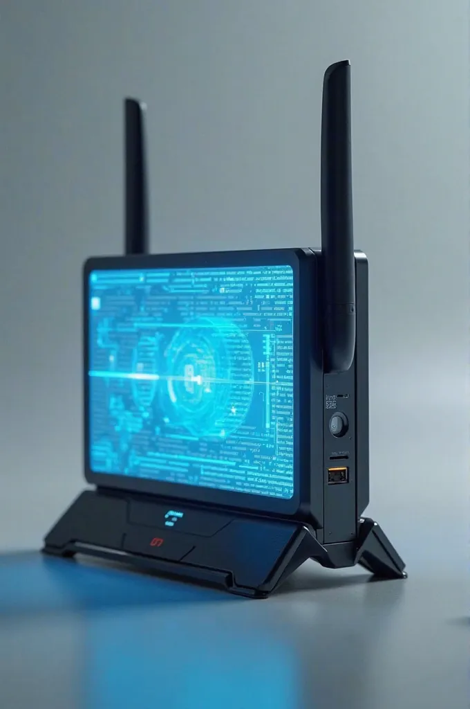 Image of a Reuter modems with a blue digital graphic screen placed in a place where it can be seen better and with two antennas on the back of the Teuter modems, the latest futuristic model 