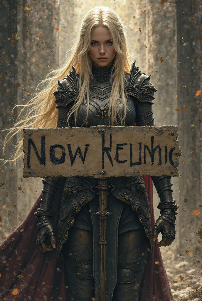 Blonde dark princess warrior holding sign that says Row