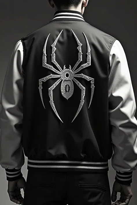 Black and white varsity jacket and the 0 inside of the spider