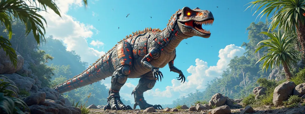 a glowing roaring dangerous hybrid dinosaur stand and watching front, in a jungle and blue sky, make a ultra realistic animated image, high quality image and vibrant image.