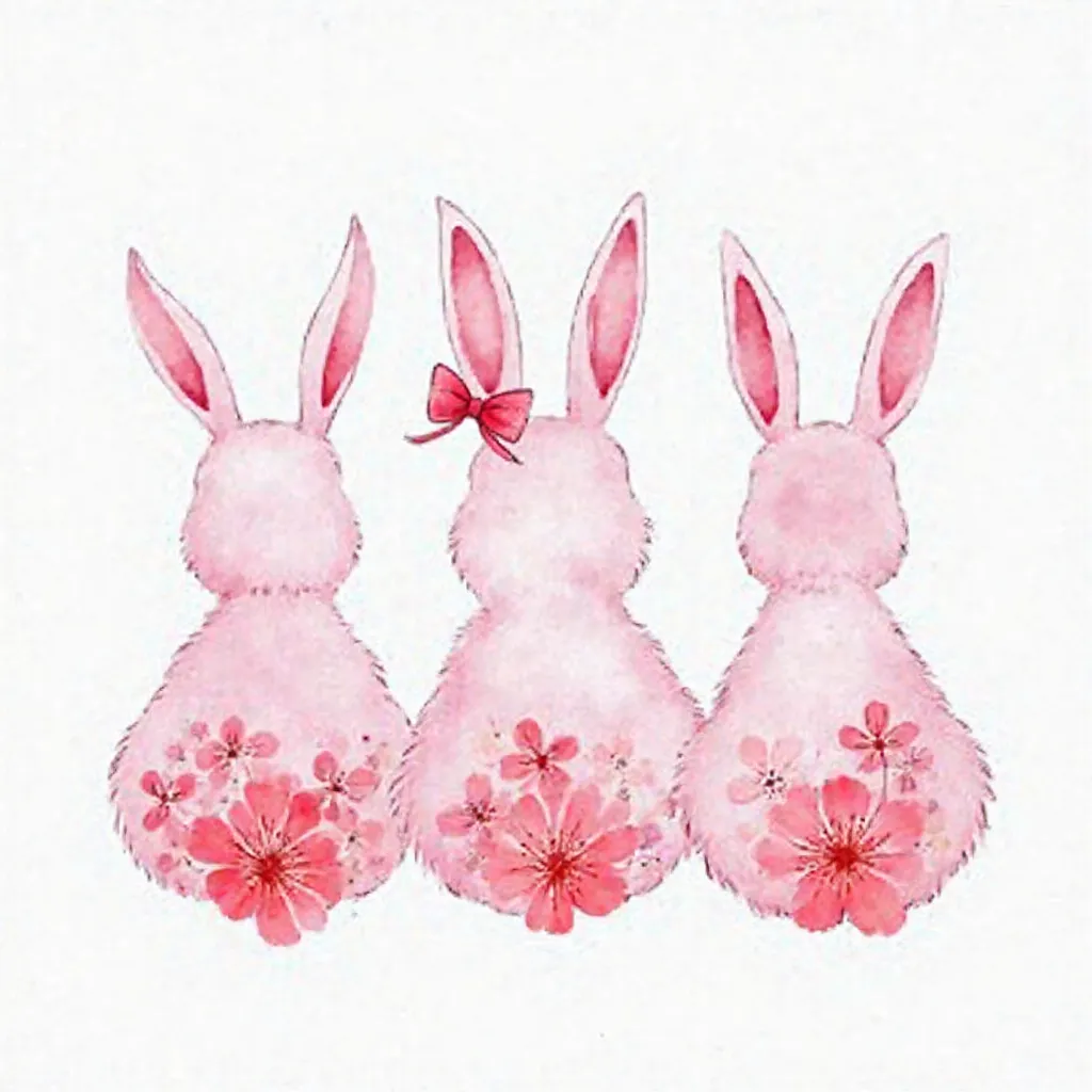 Creat an Art illustration,  Three back turned Bunny shape filled in watercolor pink flowers and  a pink bow it's one ear. The bunny is outlined in bold black,  white background. Watercolour art, 