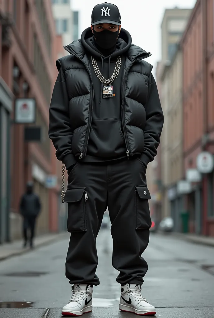 black puffer vest with a black hoodie with some black pants and some chains with a pair of white air. Jordan's, with a ski mask and a yankees cap