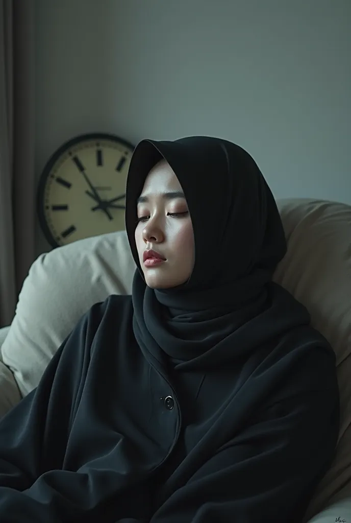 The young Korean woman appears sitting on the couch, leaning on her back as if she has lost all her energy. She looks at the clock with her eyes half-closed, as if her hands are moving very slowly.. . Her lips are clenched in mild resentment. Then she take...