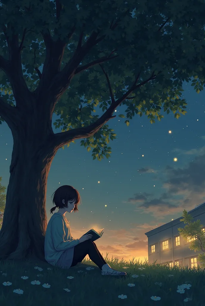 No a night school with ren reading and a tree 