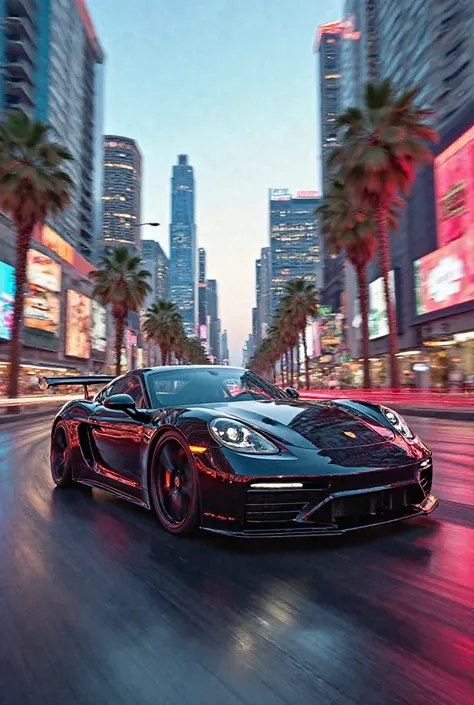 Create a picture of new model which is not announced of Porsche car in beautiful street of Los Angeles city. The picture should have good graphics.